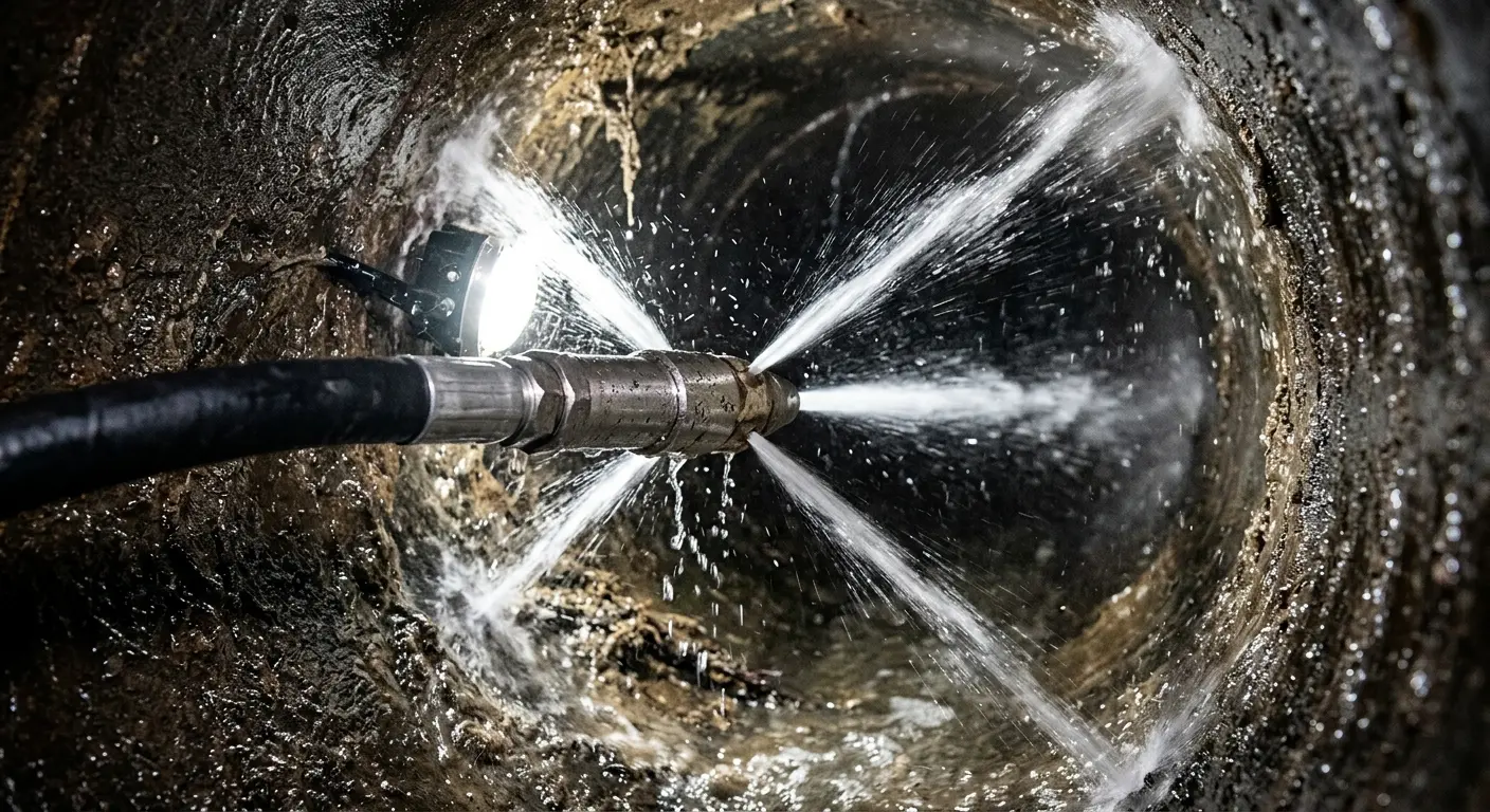 High-pressure hydro jetting nozzle cleaning sewer pipe for Trenchless Sewer Repair in Downingtown