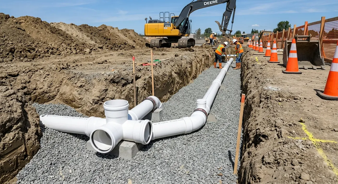 New PVC sewer pipe installation in open trench for Commercial Drain Cleaning in Downingtown