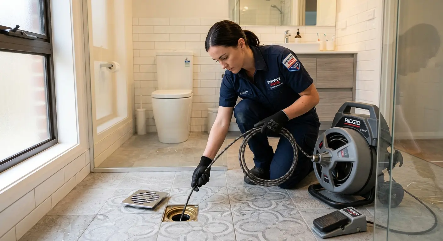 Technician clearing a bathroom floor drain for Drain Cleaning in Downingtown